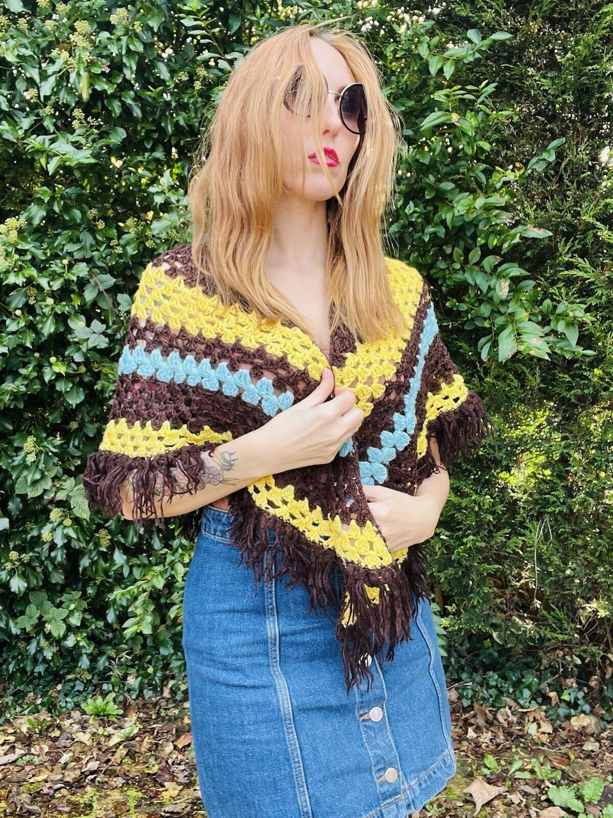 Vintage Knit Crochet Shawl Hippie Boho Triangle Wrap Cape Cottage Whimsy Scarf