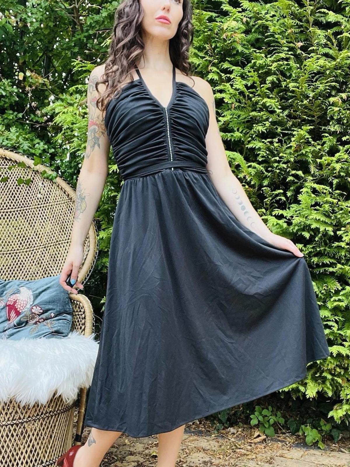 Vintage 1980s Party Dress Black Floaty Rouched Waist Strappy Dress Size 12