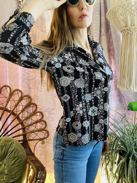 Vintage Blouse Bold Retro Print Collared Shirt Casual Or Formal Office Workwear
