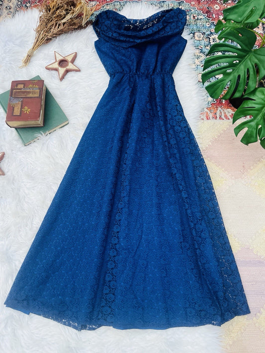 Vintage 1980s Lace Dress Long Maxi Prairie Dress With Cowl Neck Blue Size 10-12