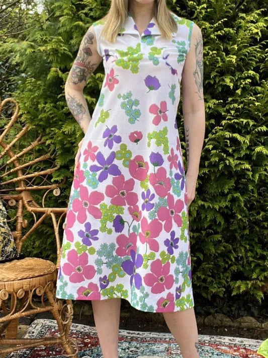 Vintage 1960s Summer Dress By Richard Stump With Retro Floral Print Size 10