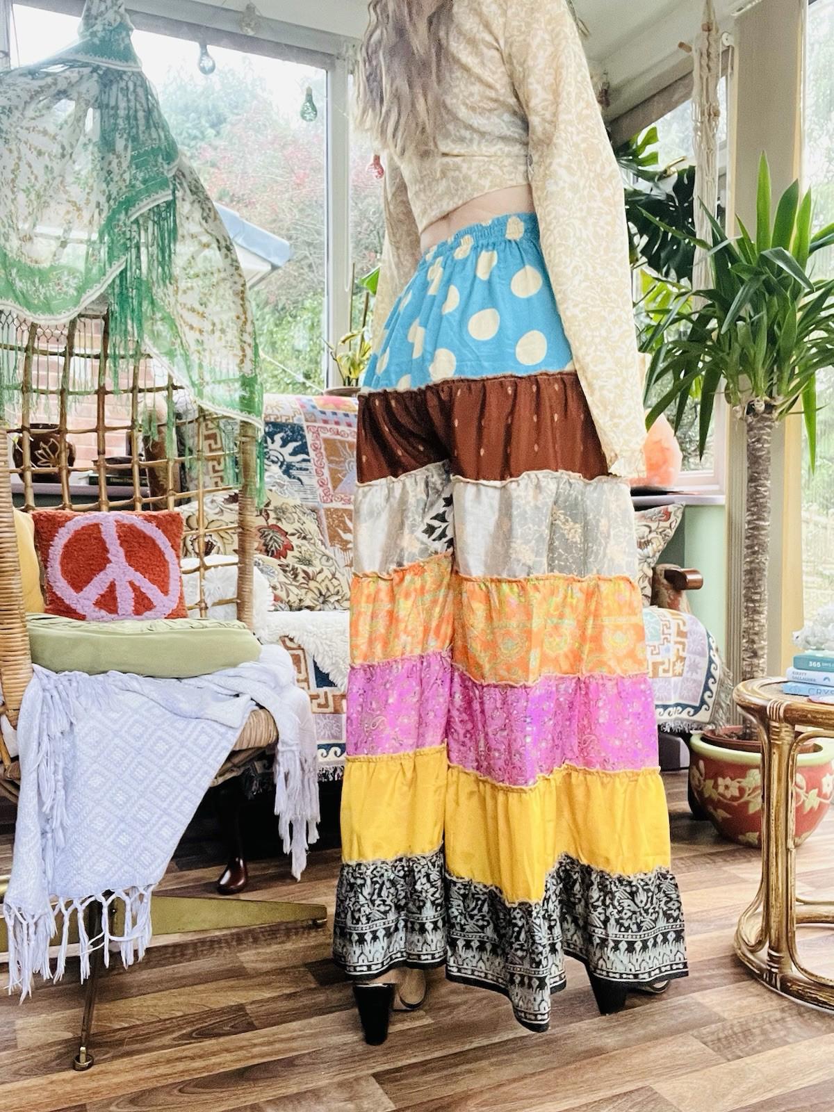 Wide Leg Trousers Vintage Patchwork Layered Sari Silk Hippie Boho Gypsy Pants M