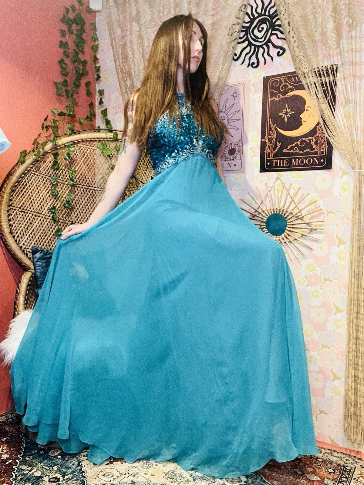 Vintage 70s 80s Dress Size 8 Teal Blue Designer Mike Benet Sequin Ball Gown