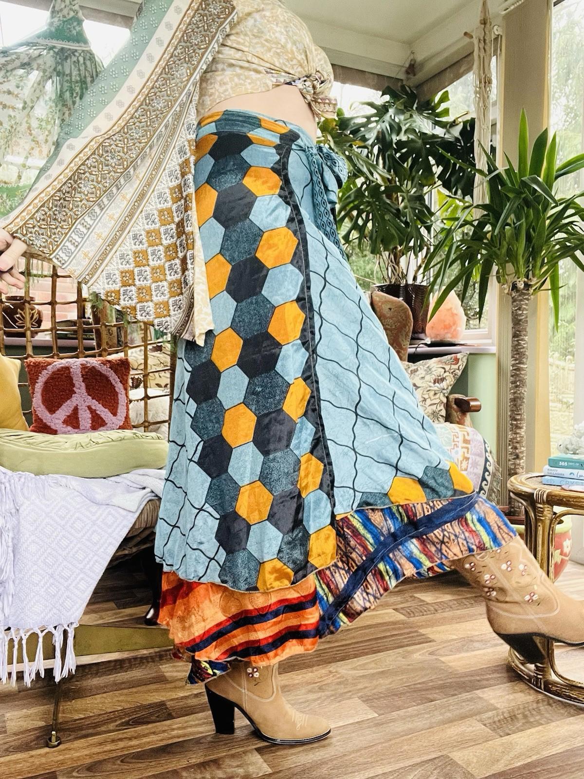 Layered Hippie Maxi Skirt Vintage Sari Silk Hippie Boho Long Gypsy Wrap Skirt