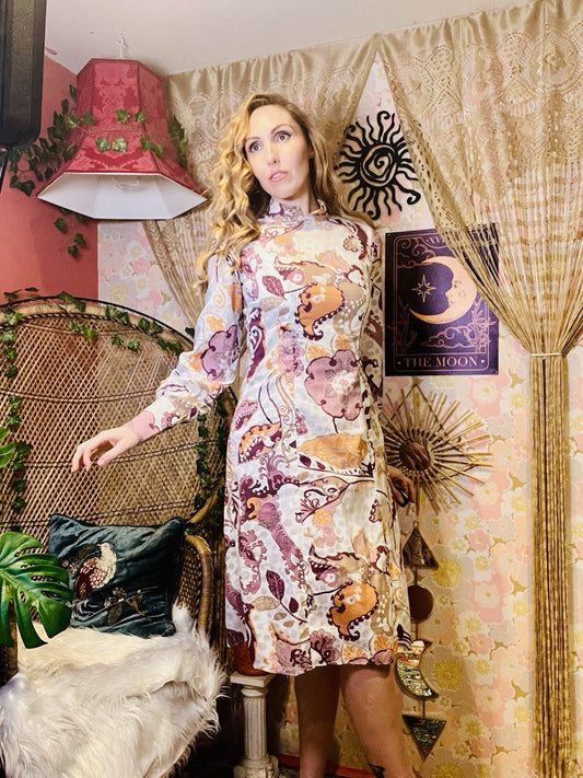vintage 1960s psychedelic Dress Long Sleeve High Neck Retro Print Dress Size 12