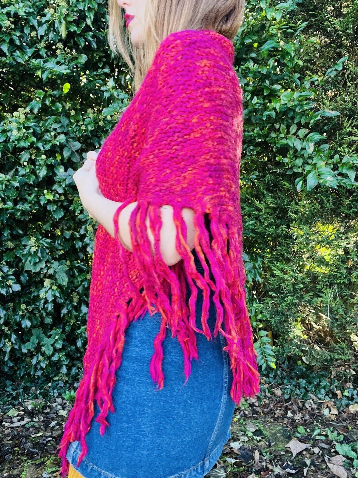 Vintage Knit Crochet Shawl Hippie Boho Triangle Wrap Cape Cottage Whimsy Scarf