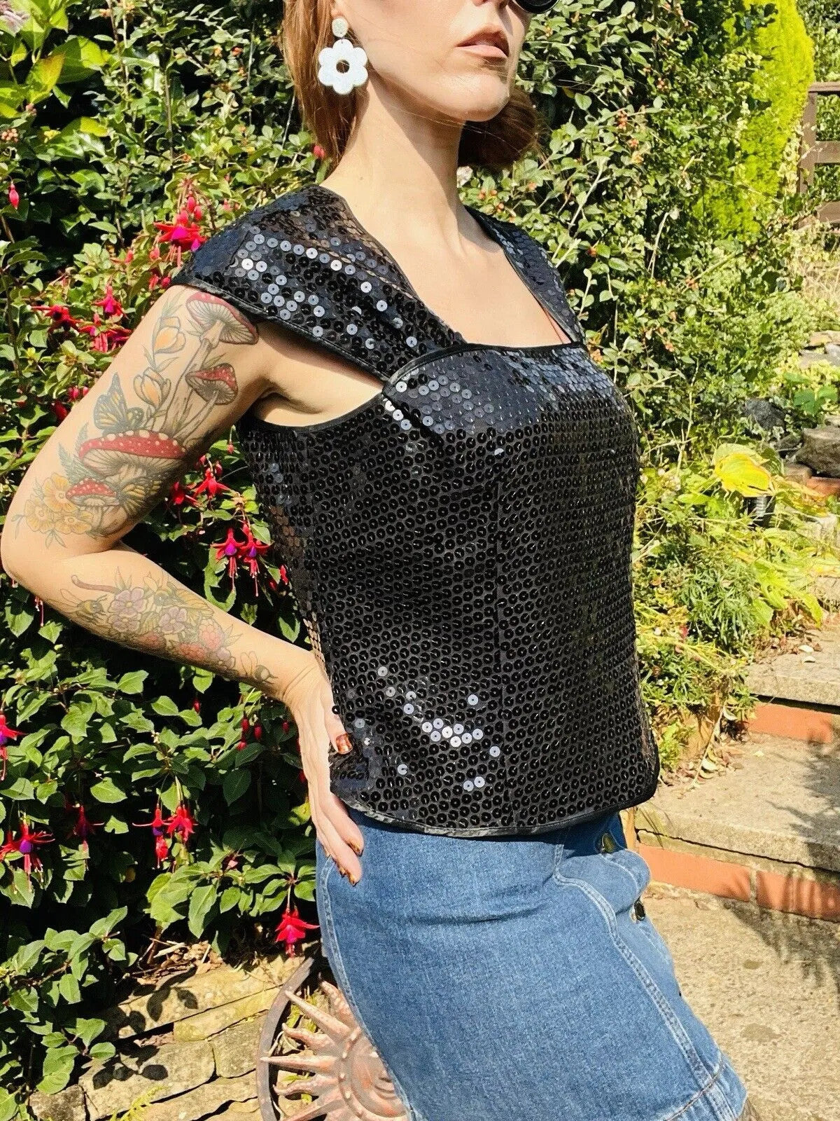 Vintage 80s Sequin Top 16 Black Sparkly Evening Tank Vest Top Sleeveless Cami
