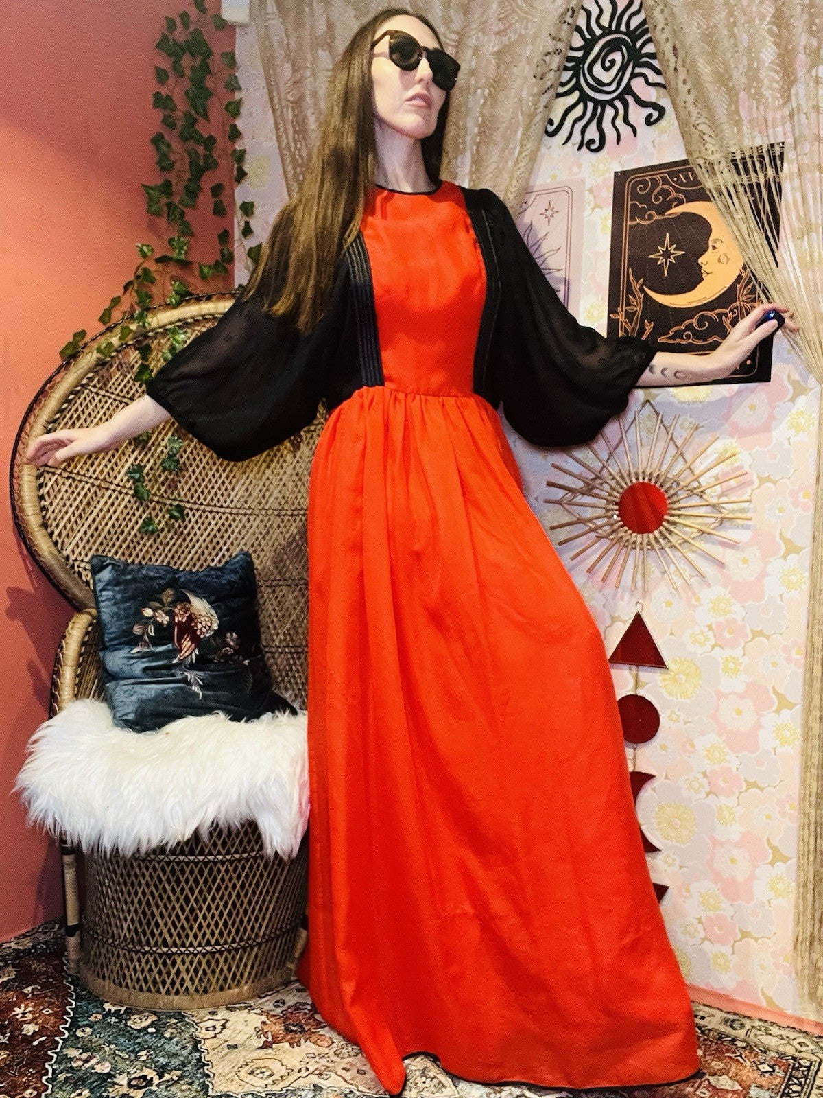 Vintage 1980s Maxi Dress Red Size 14 Long With Retro Batwing Sleeves