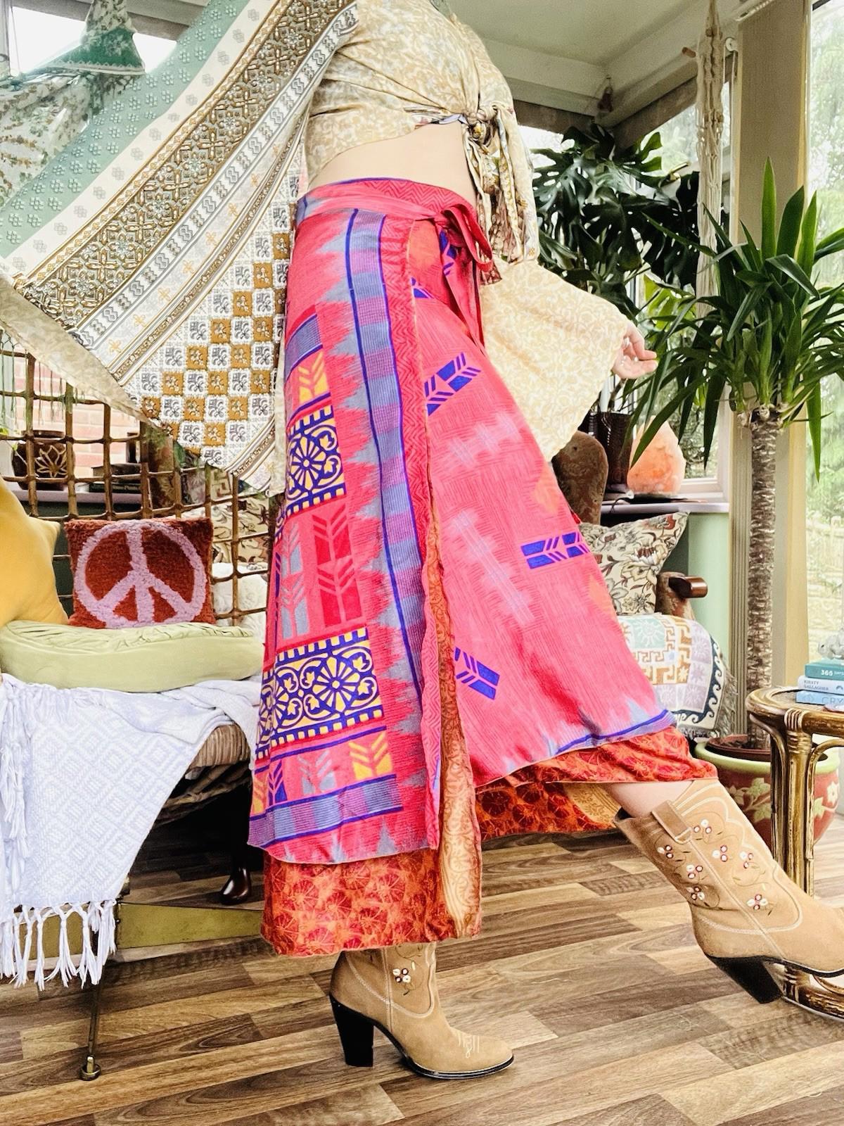 Layered Hippie Maxi Skirt Vintage Sari Silk Hippie Boho Long Gypsy Wrap Skirt