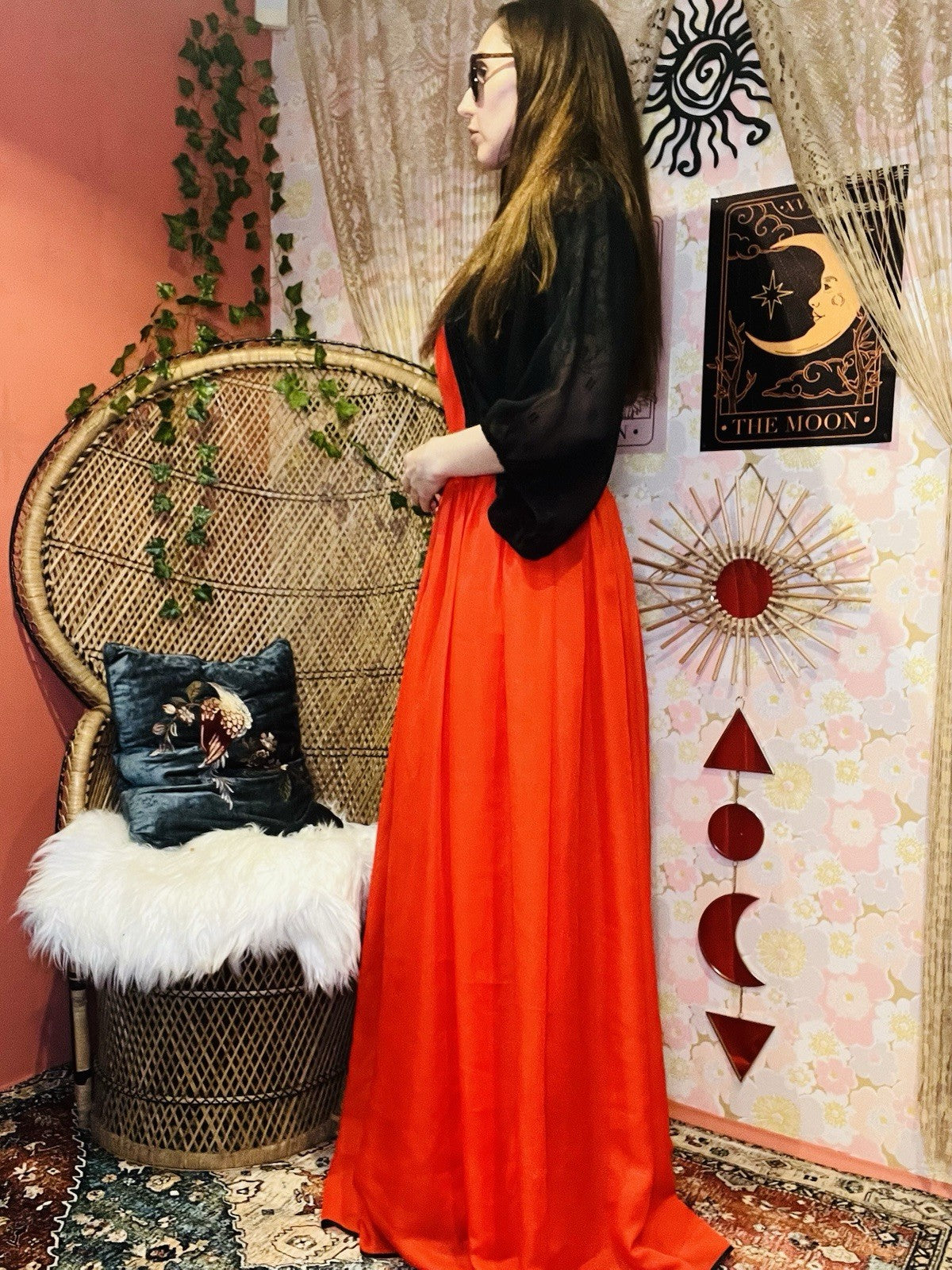 Vintage 1980s Maxi Dress Red Size 14 Long With Retro Batwing Sleeves