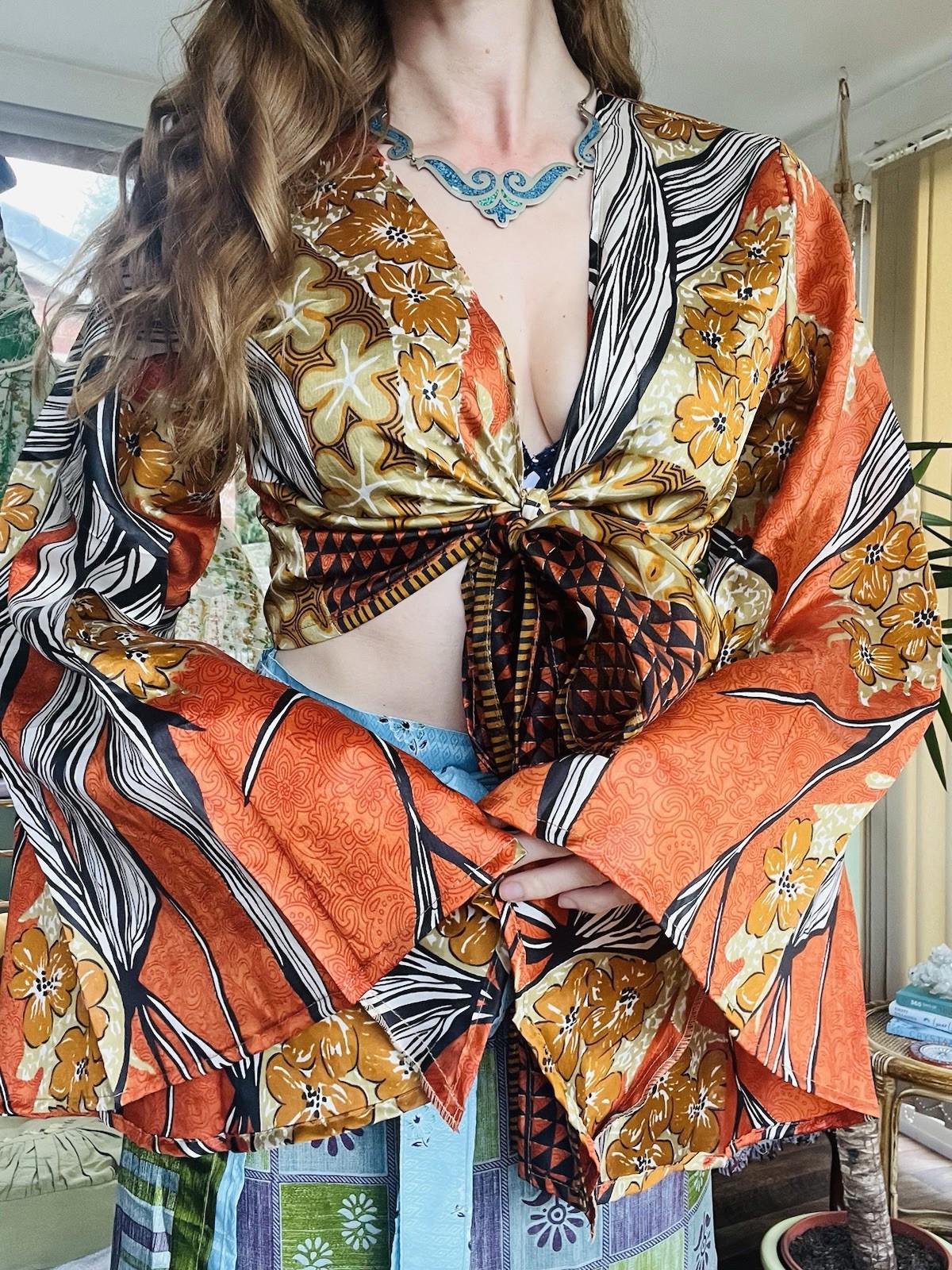 Flared Sleeve Top Vintage Silk Hippie Boho Bell Sleeved Wrap Top Gypsy Bolero