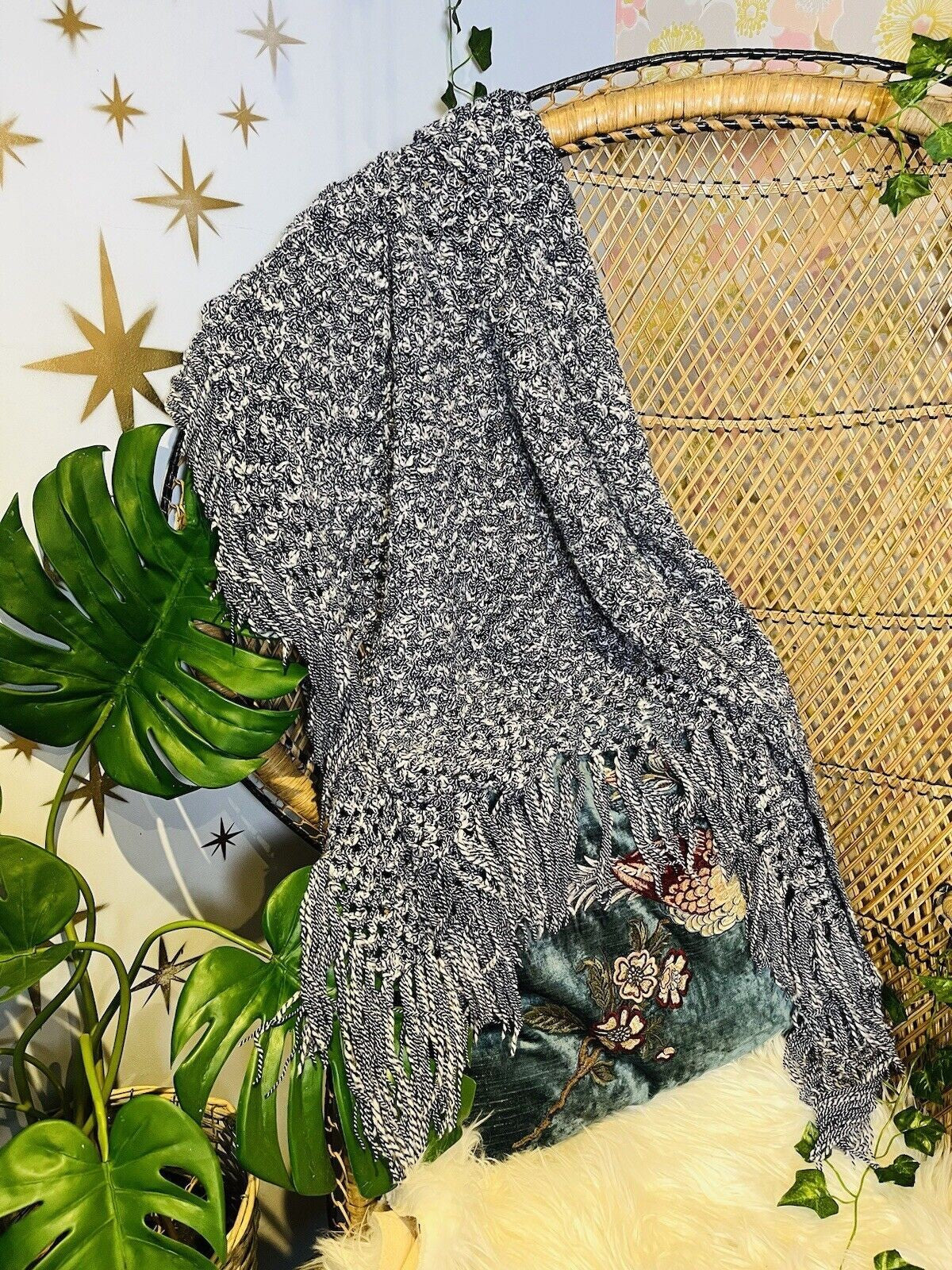 Vintage Boho Crochet Shawl Hippie Triangle Knit Wrap Cape Cottage Whimsy Scarf