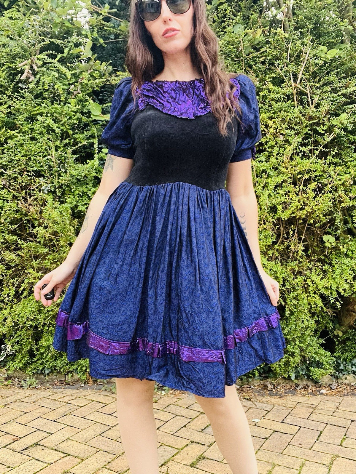 Vintage 1990s Frilly Dress, Velvet Bodice Cotton Skirts Puff Sleeves, Purple 6-8