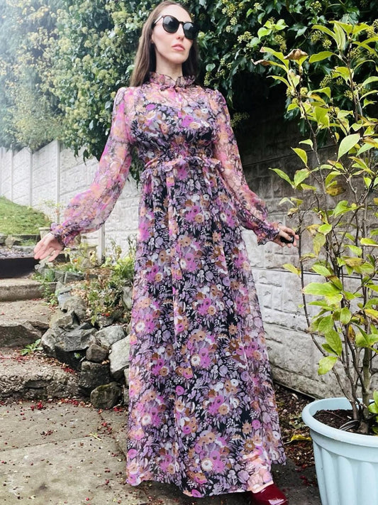 Vintage 1970s Maxi Dress Size 8 By Vera Mont Long Sleeve Floral Frilly High Neck