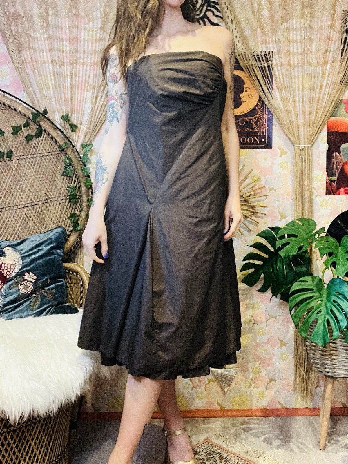 Vintage 1990s Prom Dress Strapless Cocktail Gown Brown Size 14