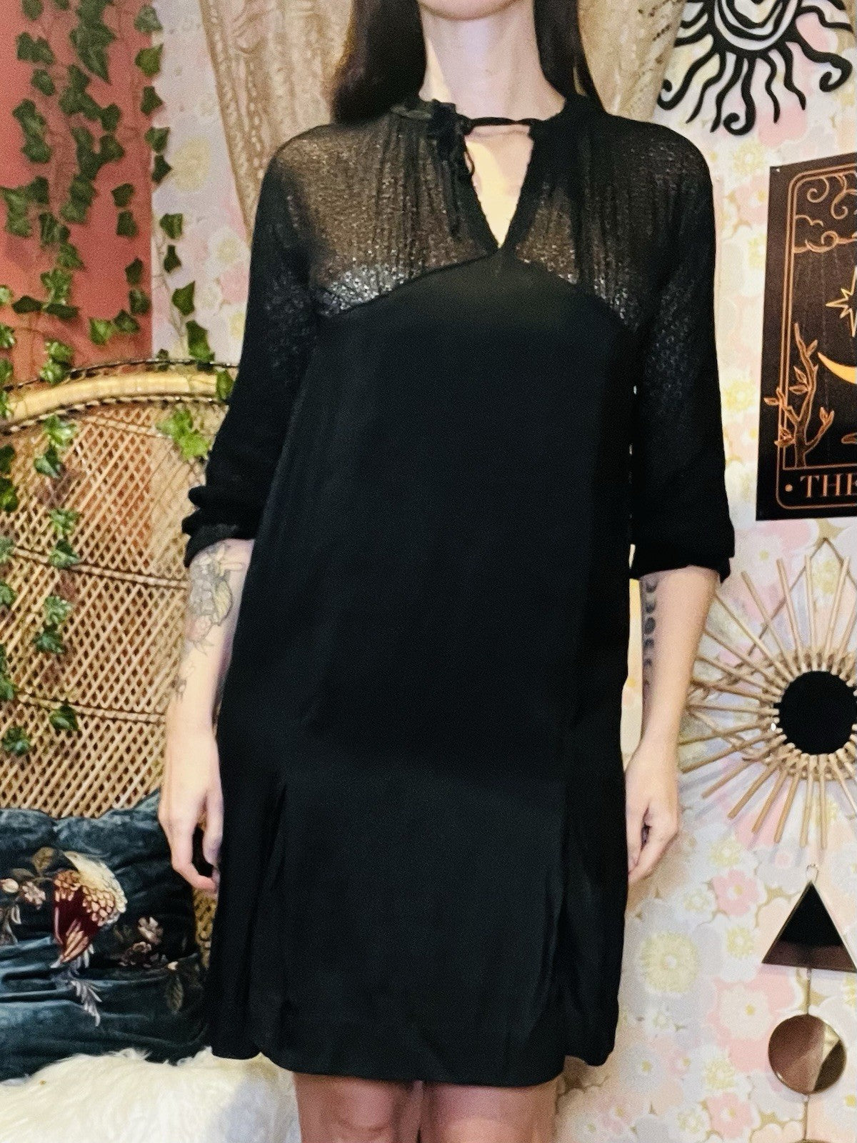 Vintage 60s Mini Dress Black Size 6 Retro 1960s Mod Gogo Sheer Lace Sleeve Dress