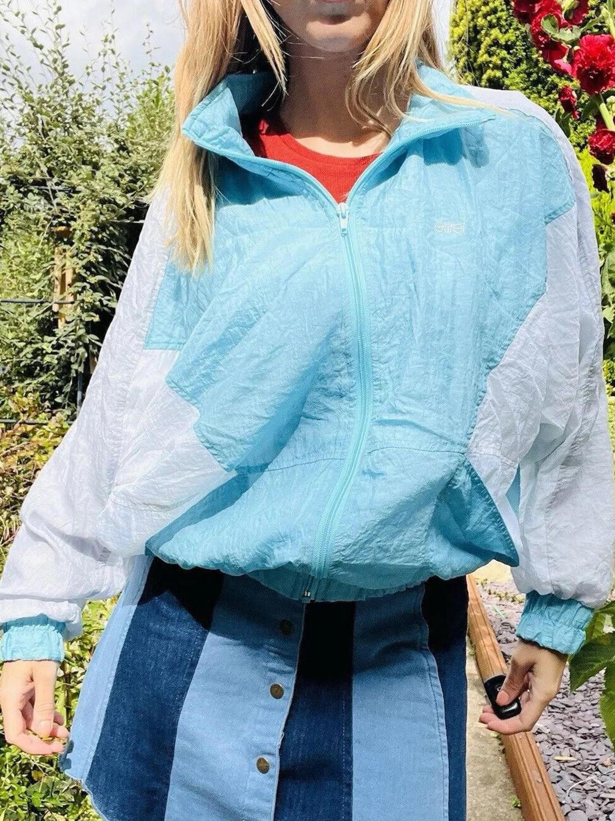 Vintage 1980s Shell Suit Jacket Zip Up Oversized Ladies Blue White Size 8 10