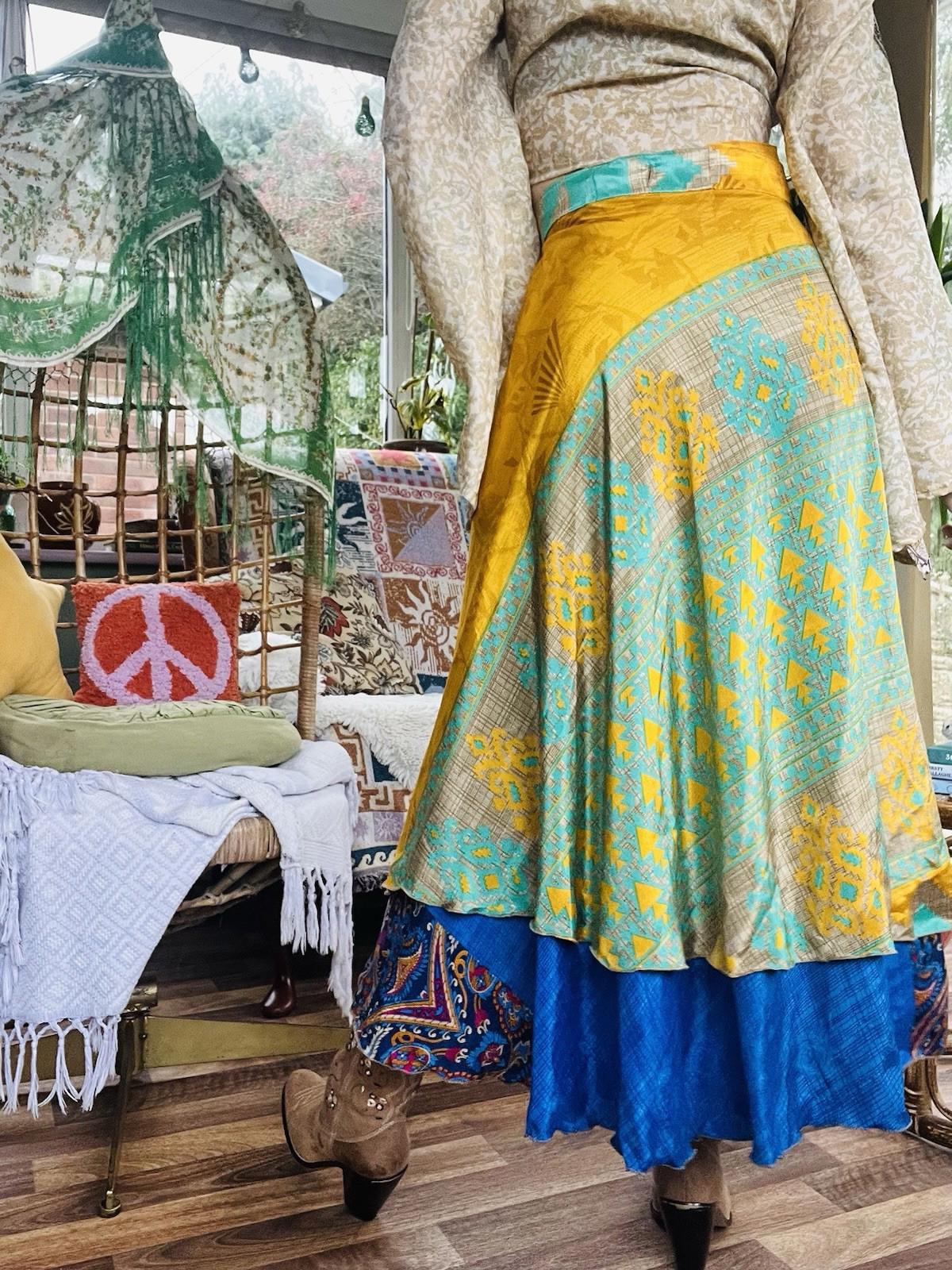 Layered Hippie Maxi Skirt Vintage Sari Silk Hippie Boho Long Gypsy Wrap Skirt