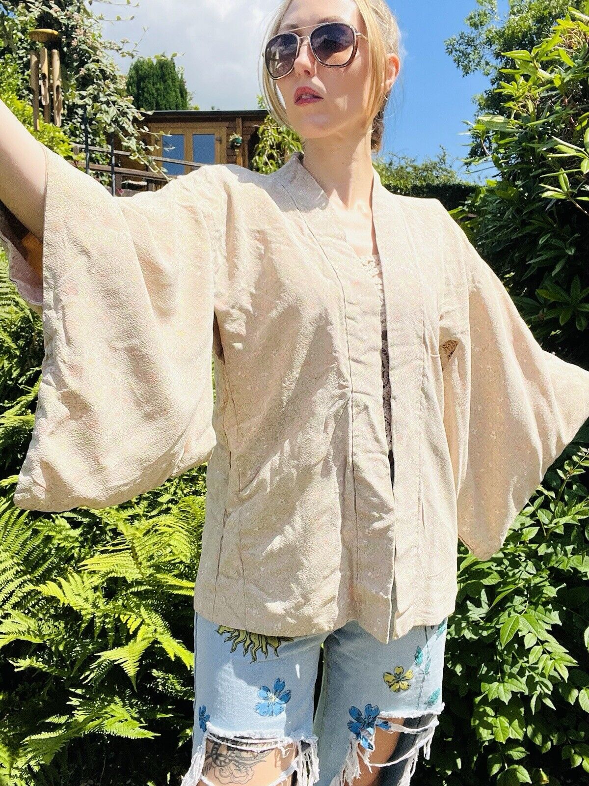 Vintage Hippie Boho Kimono With Jacket Pastel Ditsy Floral Print Free Size