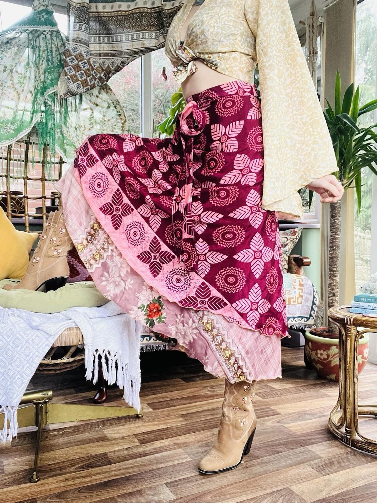 Layered Hippie Maxi Skirt Vintage Sari Silk Hippie Boho Long Gypsy Wrap Skirt