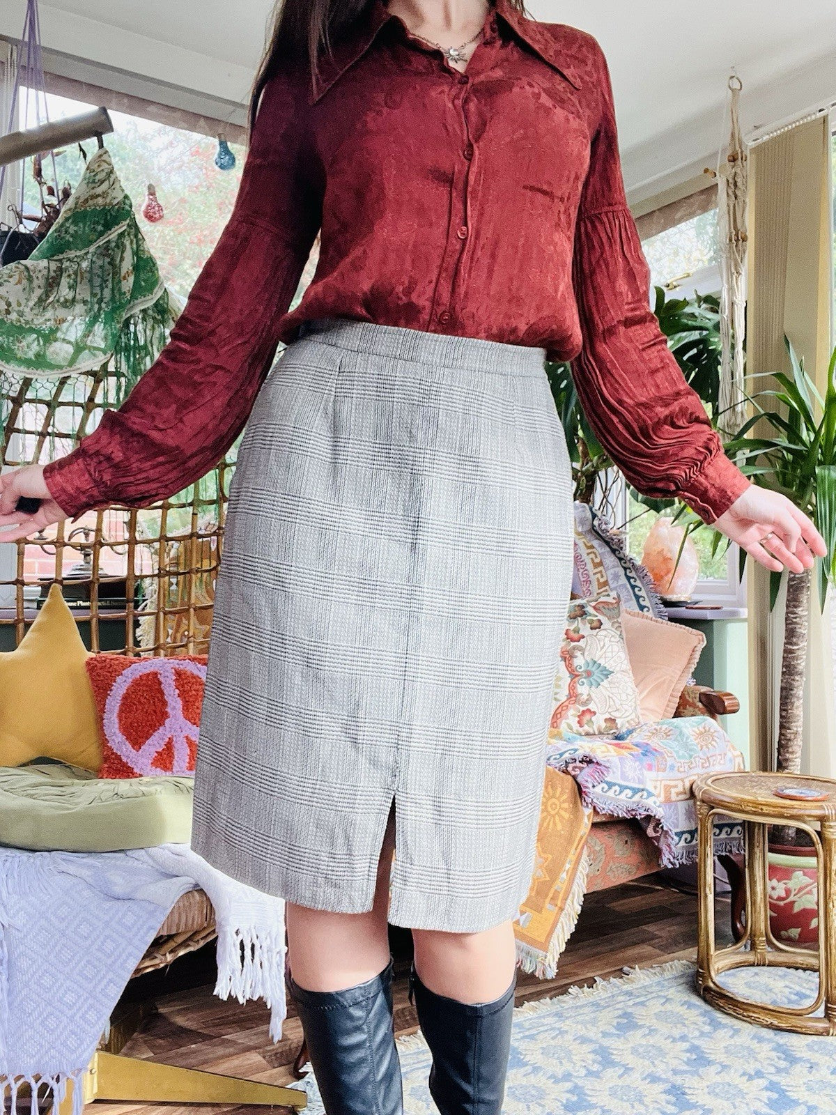 Vintage 1980s Office Skirt, High Waist Midi Length Retro Work Wear Size 12 Wool