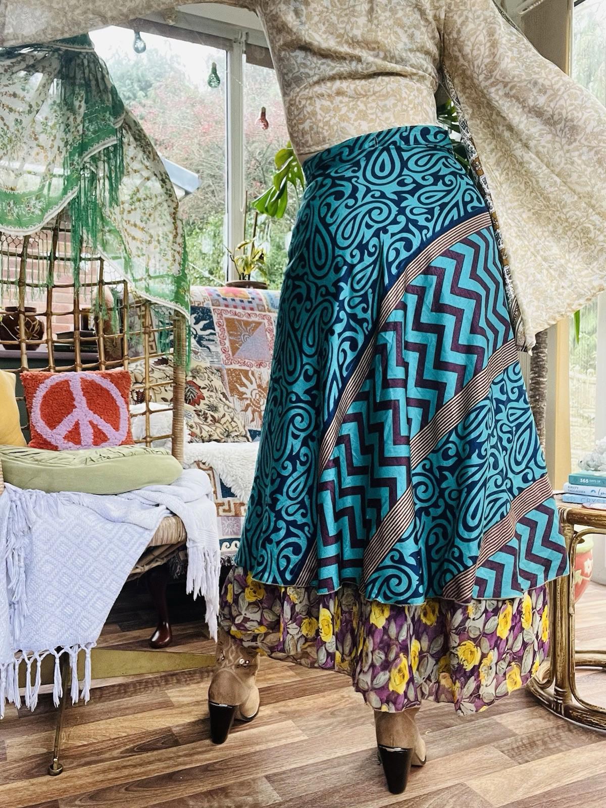 Layered Hippie Maxi Skirt Vintage Sari Silk Hippie Boho Long Gypsy Wrap Skirt