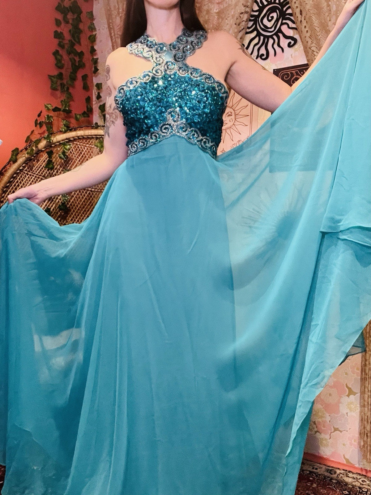 Vintage 70s 80s Dress Size 8 Teal Blue Designer Mike Benet Sequin Ball Gown