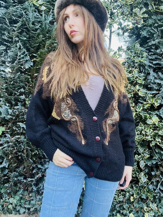 Vintage 1980s Knit Cardigan, Batwing Sleeve Warm Wool Blend Knitted Jumper 14-16