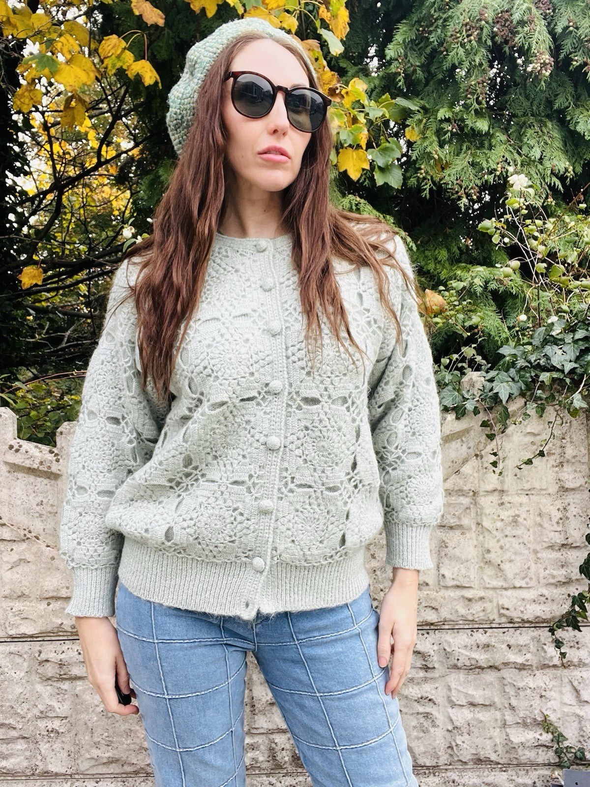 Vintage Crochet Cardigan Green Size 10-12 M By Precise Boho Cottagecore Jumper