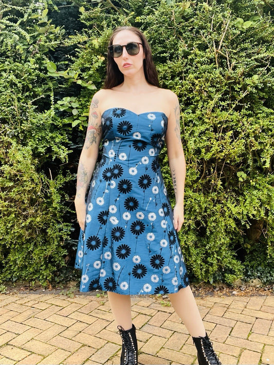 Vintage 1990s Cocktail Dress, Strapless A Line With Floral Daisy Print, Blue 16