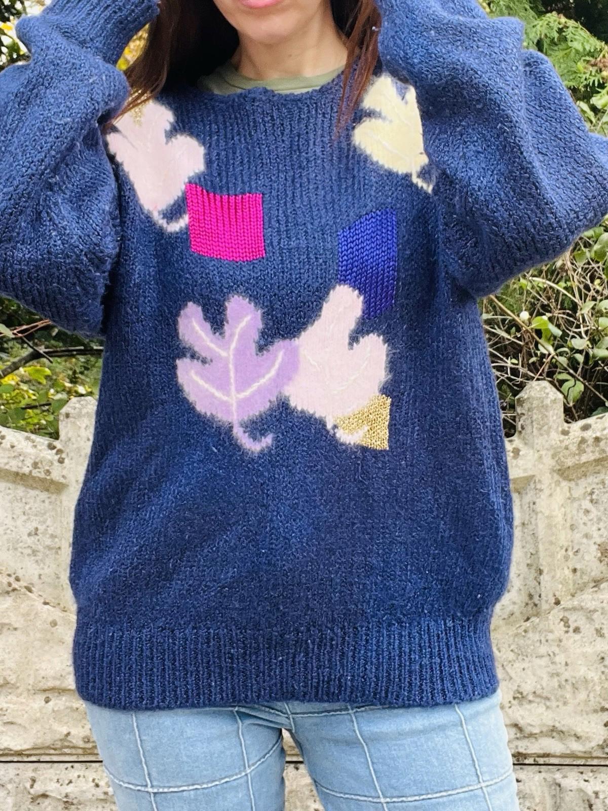 Vintage 80s Jumper size L Blue By Golden Gate Funky Retro Pattern Knit Sweater