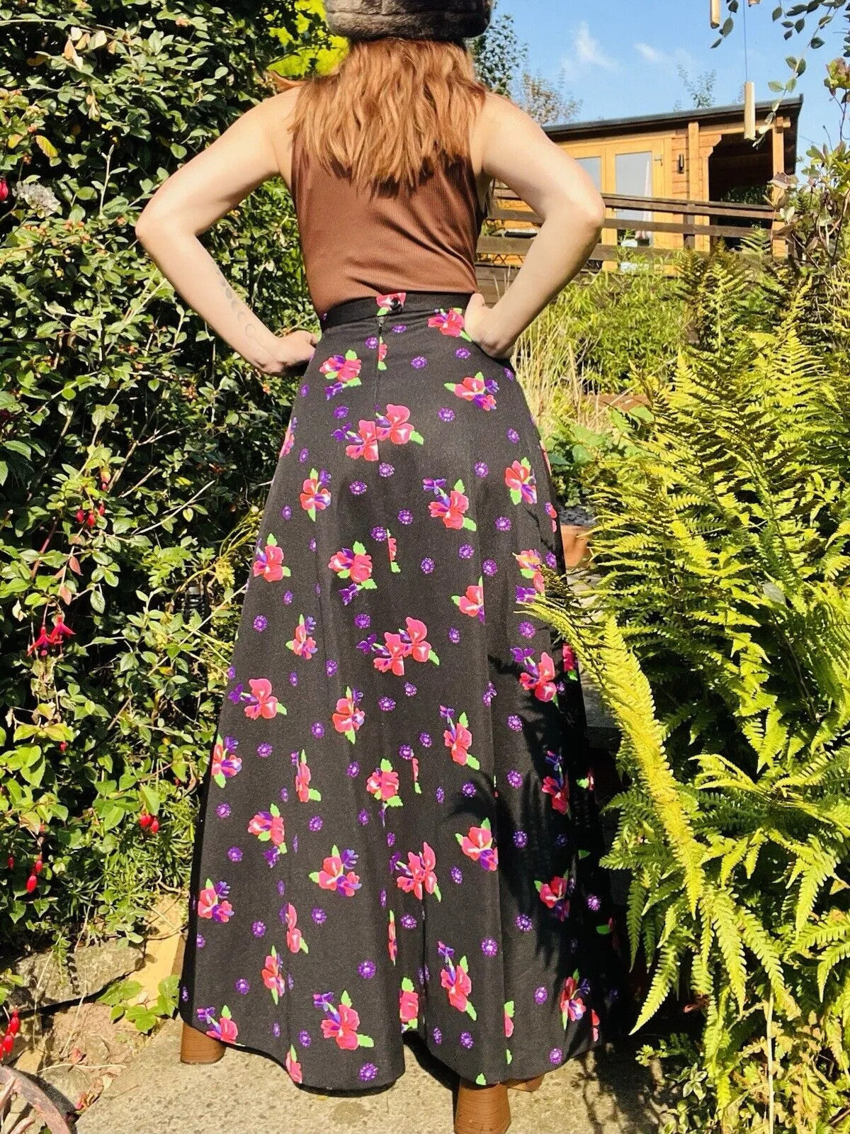 Vintage 60s Maxi Skirt Long 1960s Bold Floral Design Black Size 8