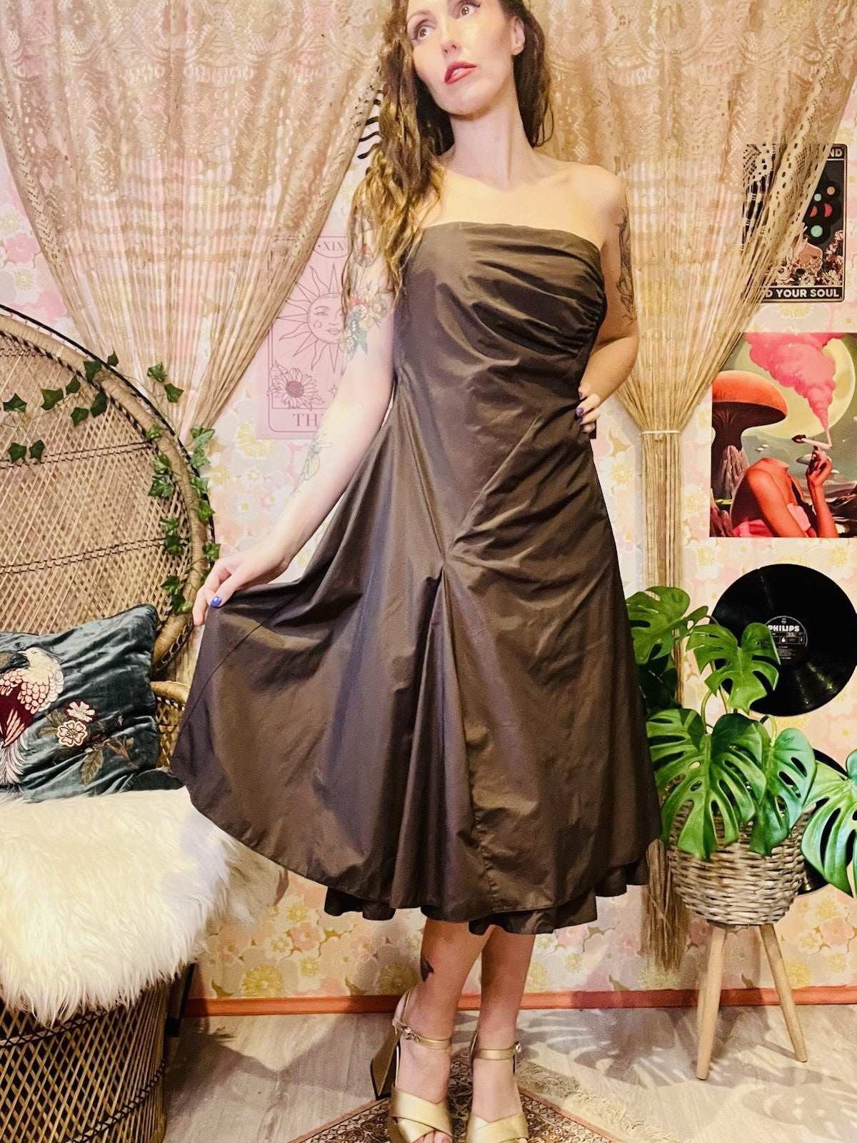 Vintage 1990s Prom Dress Strapless Cocktail Gown Brown Size 14