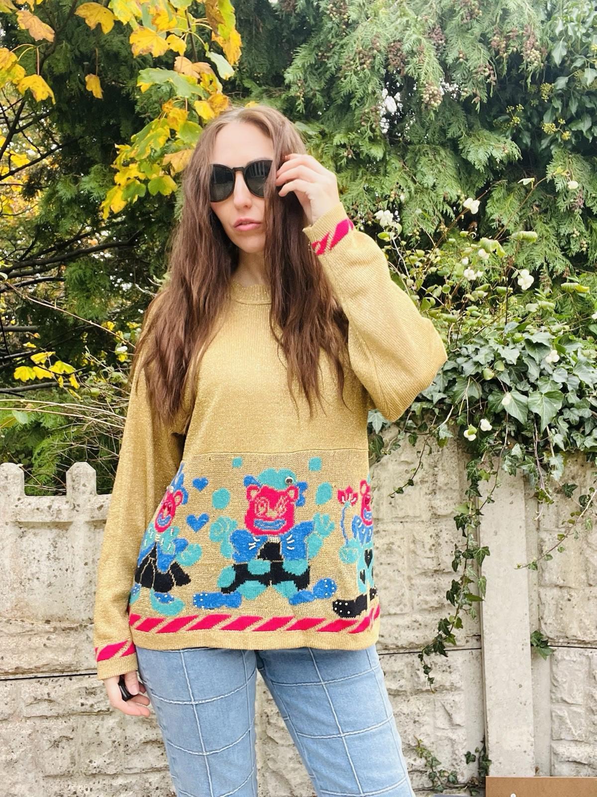 Vintage 1980s Knit Jumper Sparkly Gold Size 14 To 16 Retro 1980s Teddy Sweater