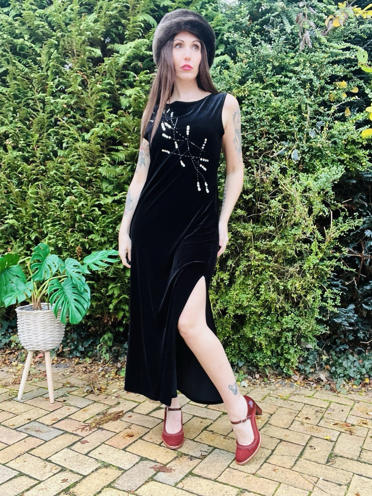 Vintage 90s Velvet Dress Black Size 14 Whimsigoth Sequin Long Cocktail Dress