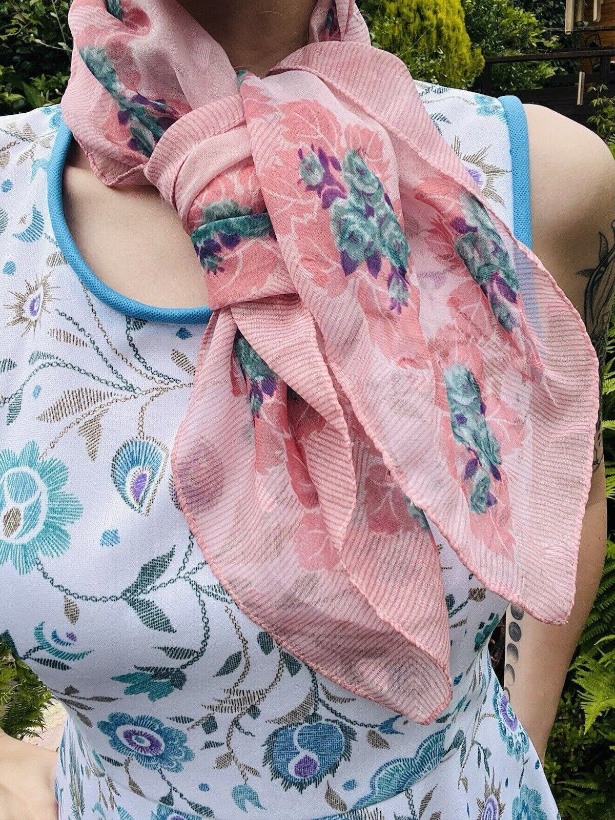 Vintage 1970s Neck Scarf By Debenhams With Sheer Pink Floral Design