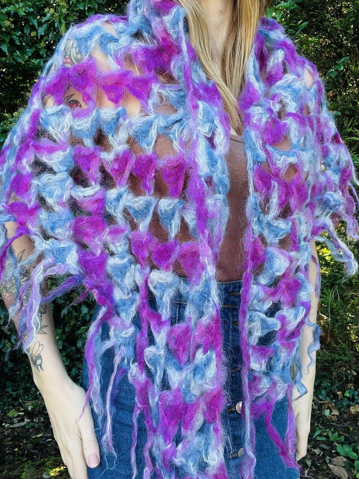 Vintage Boho Crochet Shawl Hippie Triangle Knit Wrap Cape Cottage Whimsy Scarf