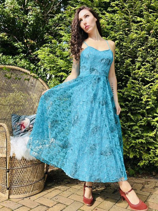 Vintage 1980s Party Dress, Strappy A-line With Floral Lace Overlay - Blue 10
