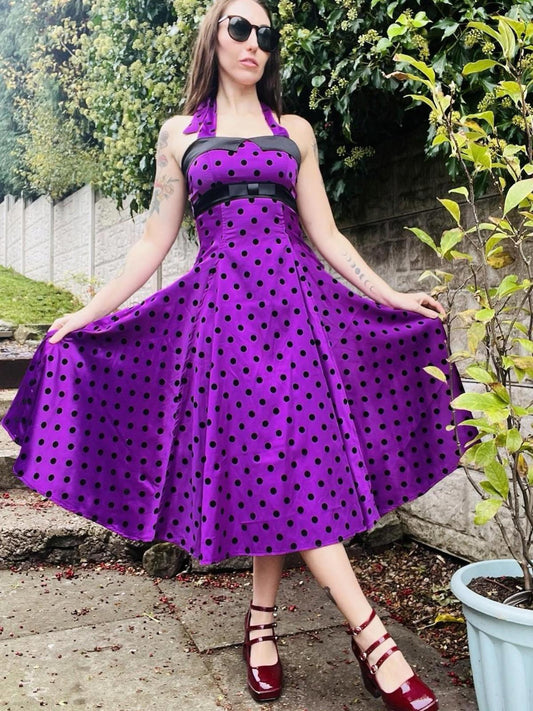Vintage 1980s Swing Dress Purple Size 8 1850s Style Polkadot Midi Dress