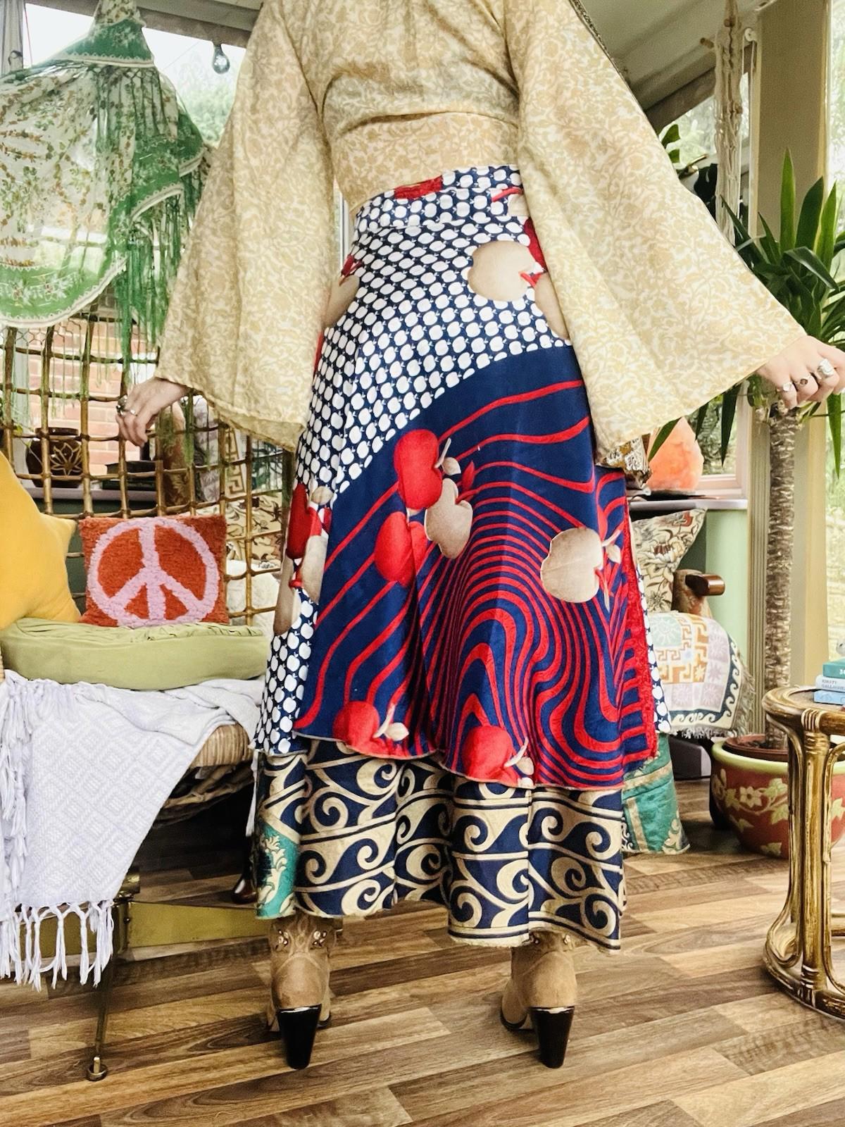 Layered Hippie Maxi Skirt Vintage Sari Silk Hippie Boho Long Gypsy Wrap Skirt