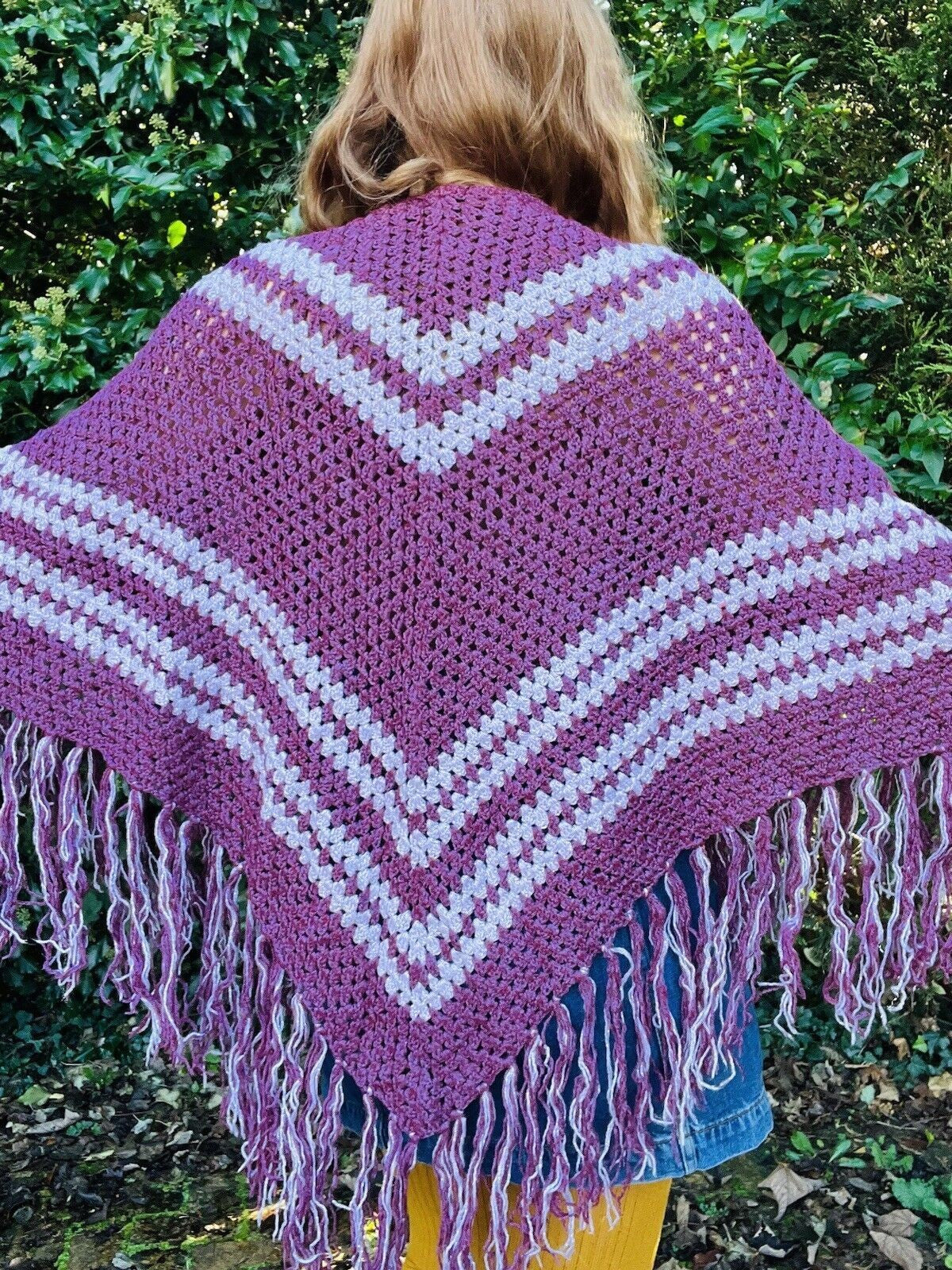 Vintage Knit Crochet Shawl Hippie Boho Triangle Wrap Cape Cottage Whimsy Scarf