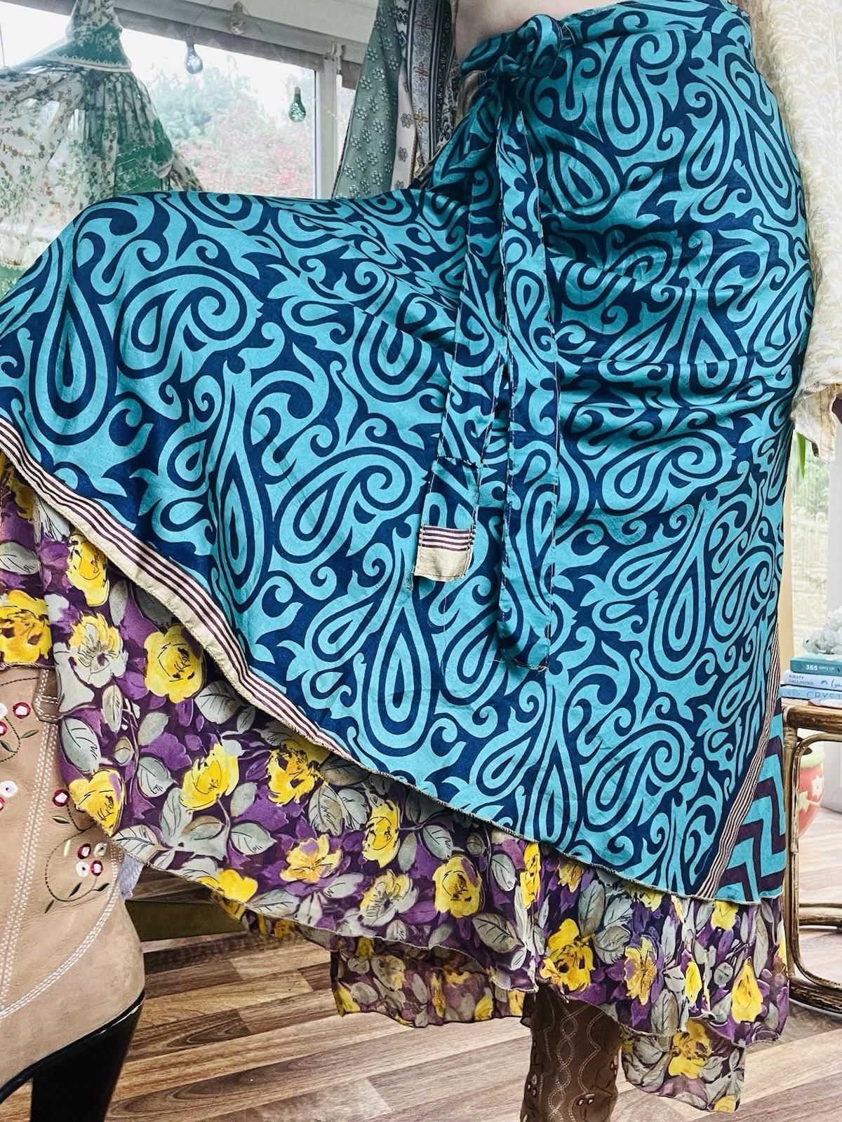 Layered Hippie Maxi Skirt Vintage Sari Silk Hippie Boho Long Gypsy Wrap Skirt