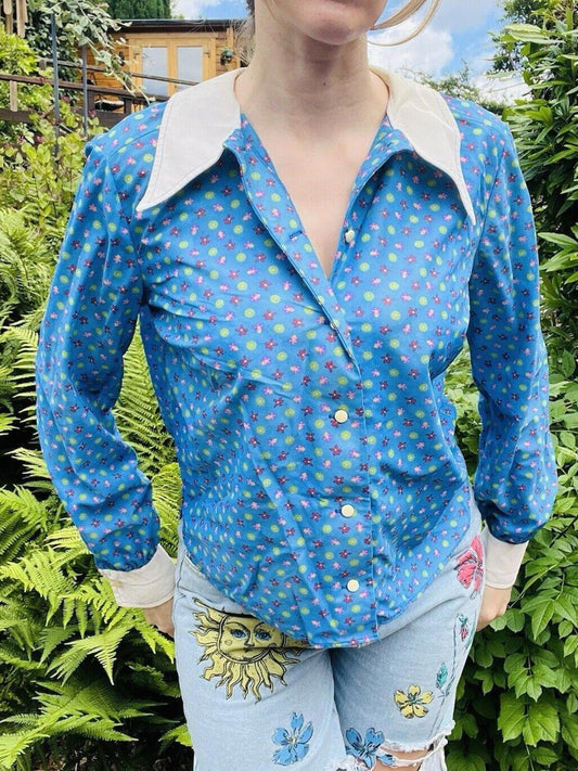 Vintage 1960s Floral Blouse With Dagger Collar By Dorothy Perkins Blue Size 12