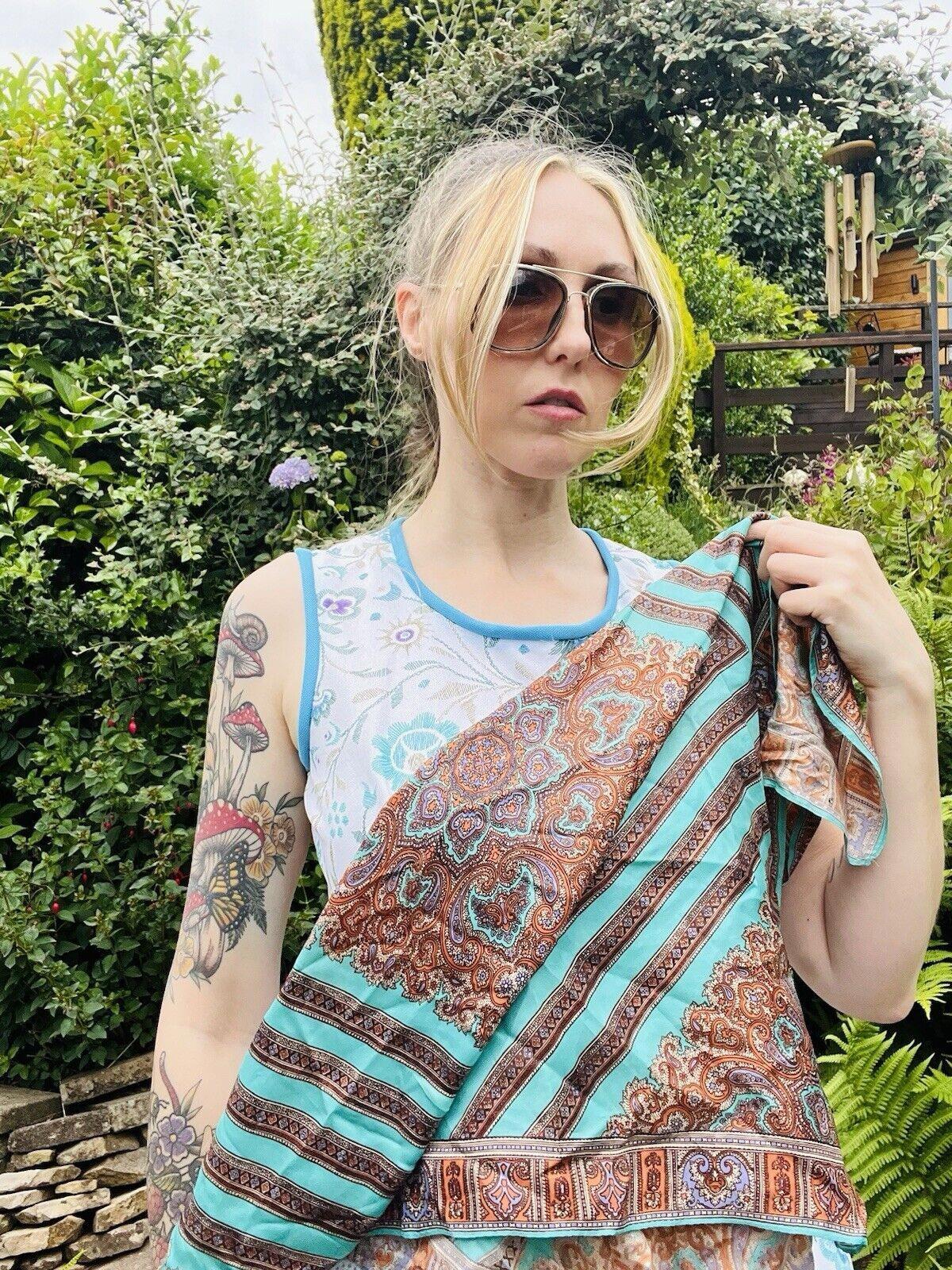Vintage 1970s Neck Scarf With Colourful Hippie Boho Paisley Pattern