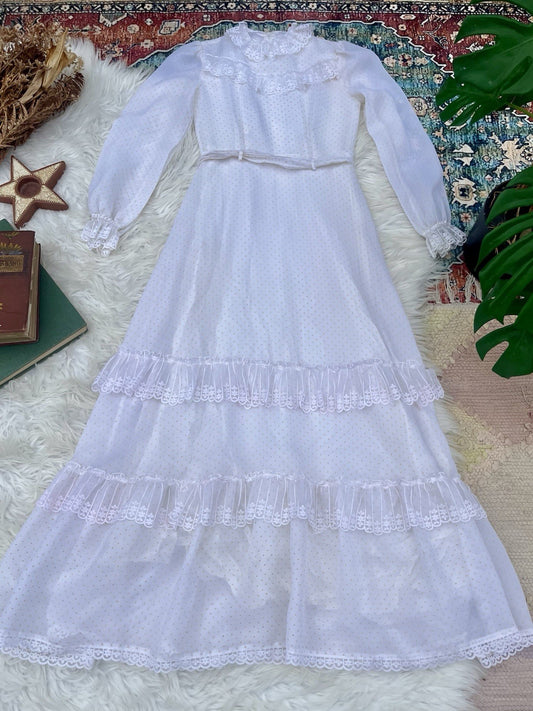 Vintage 1970s Prairie Dress Long Frilly Maxi Dress Long Sleeve Fairycore White 8