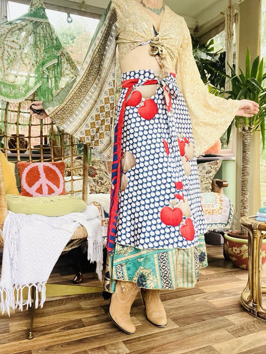 Layered Hippie Maxi Skirt Vintage Sari Silk Hippie Boho Long Gypsy Wrap Skirt