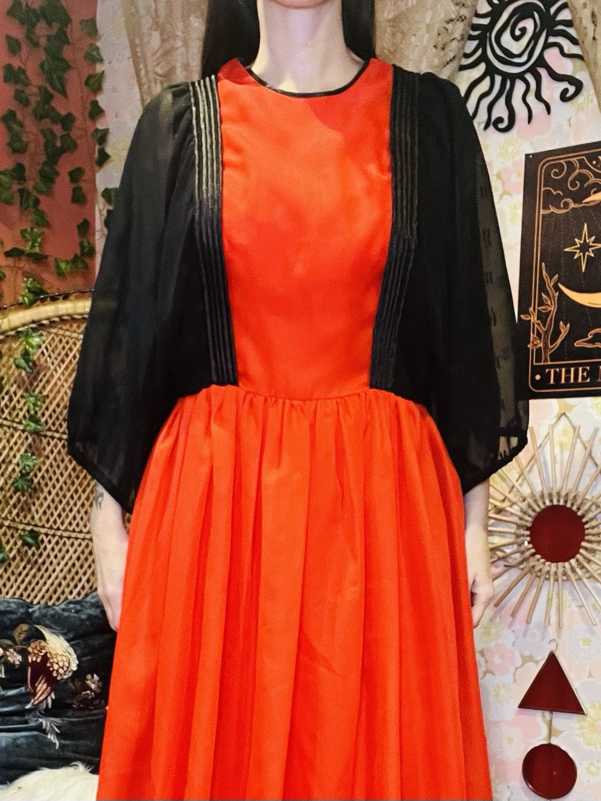 Vintage 1980s Maxi Dress Red Size 14 Long With Retro Batwing Sleeves