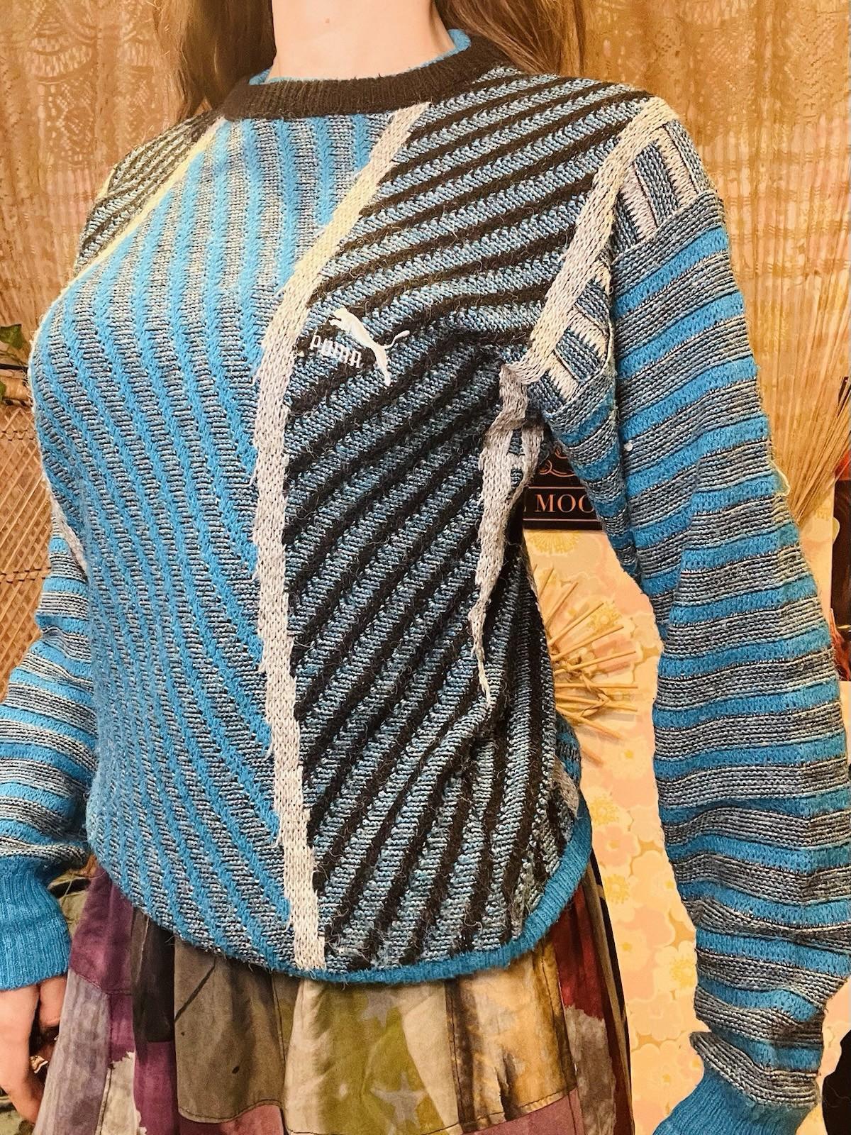 Vintage 1980s Puma Jumper Retro Sports Knit Sweater Blue Striped Size 10
