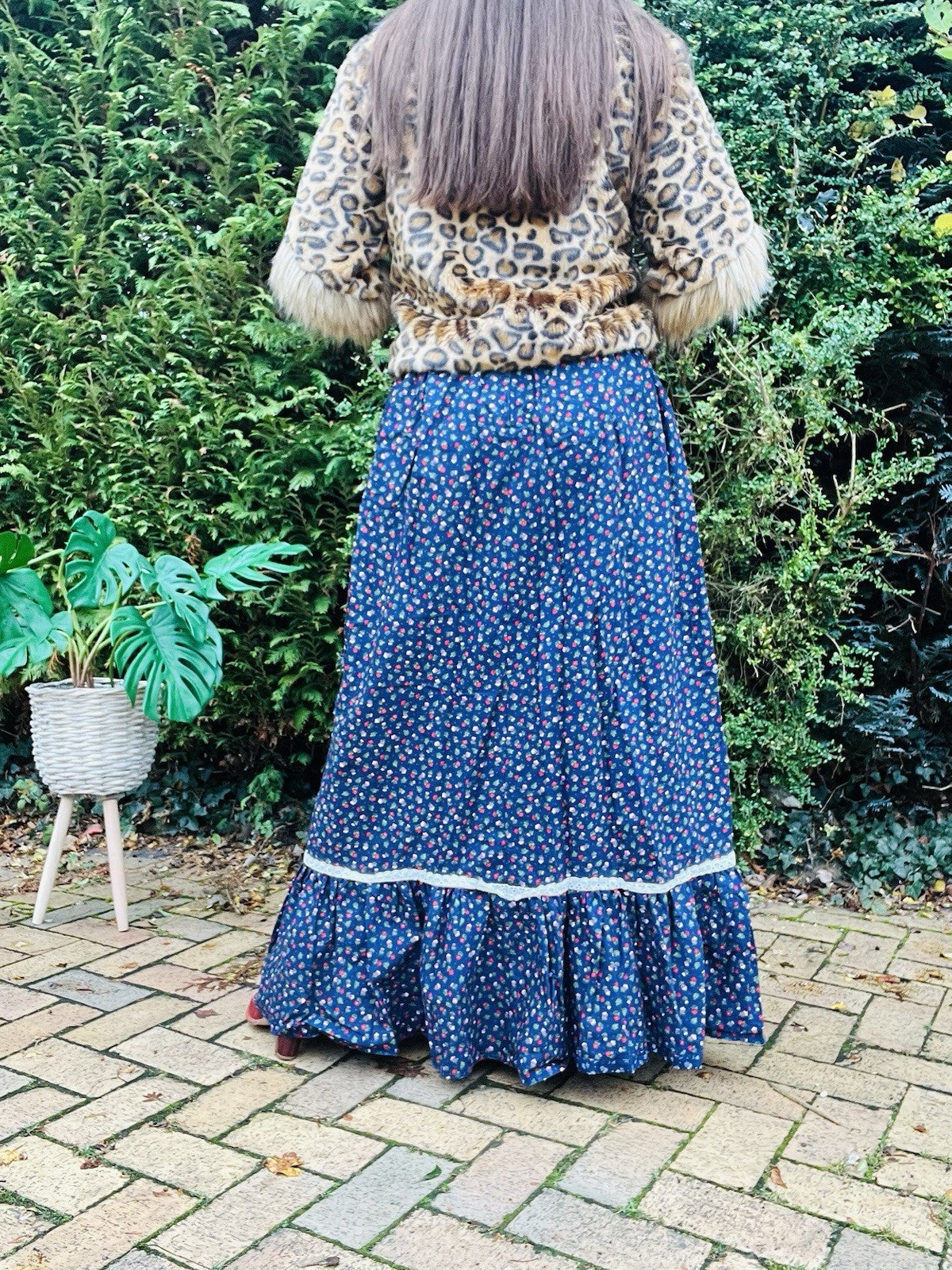 Vintage 60s Maxi Skirt Size 8 Blue Ditsy Cottage Cottagecore Long Button Down