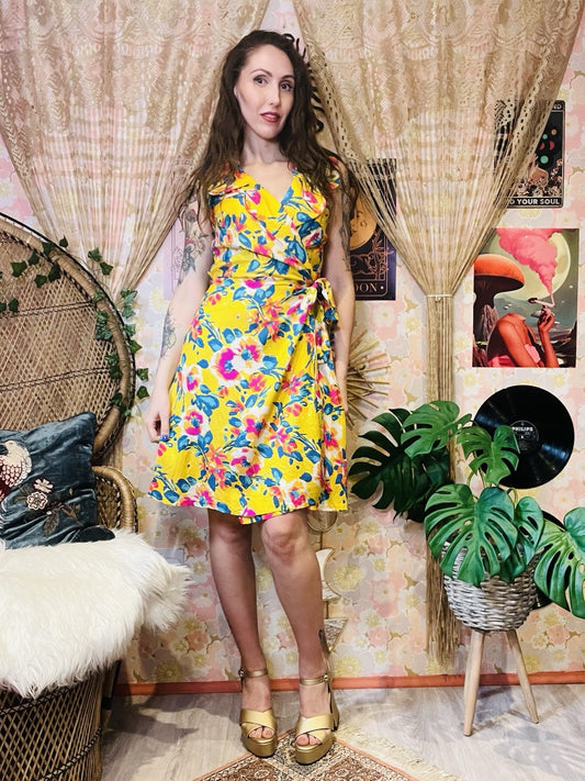 Vintage Summer Floral Dress Short Wrap Dress With Collar Bold Yellow Print 8-10